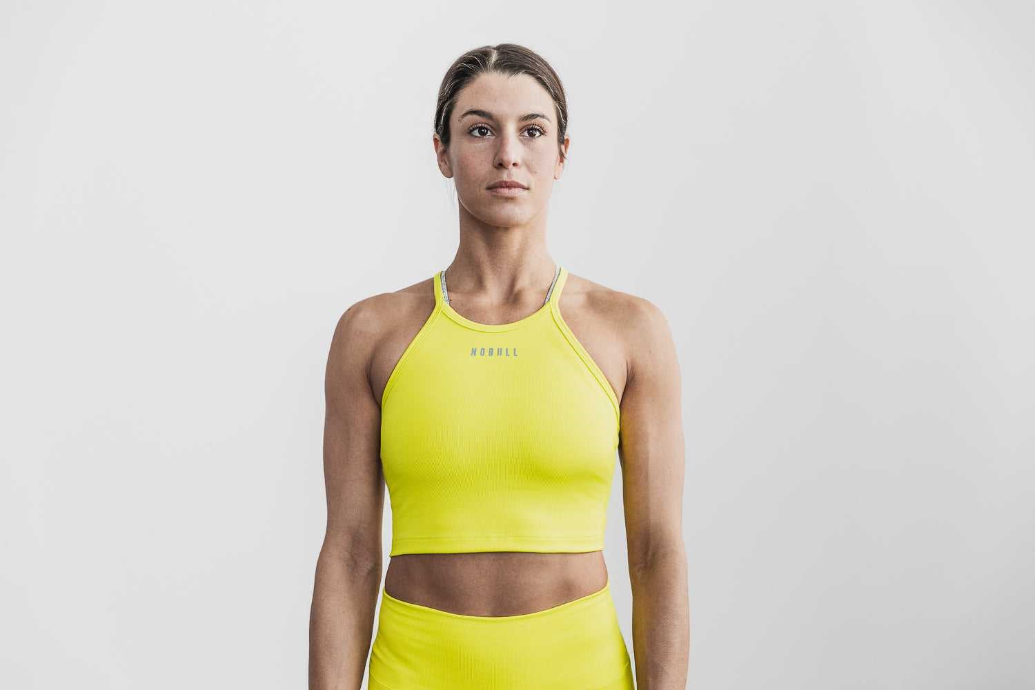 Nobull Halter Crop Tank (Neon Ribbed) Tanks & Tees Neon Yellow | 2654-OFQPL