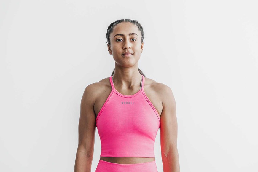 Nobull Halter Crop Tank (Neon Ribbed) Tanks & Tees Neon Pink | 9567-AQYDL