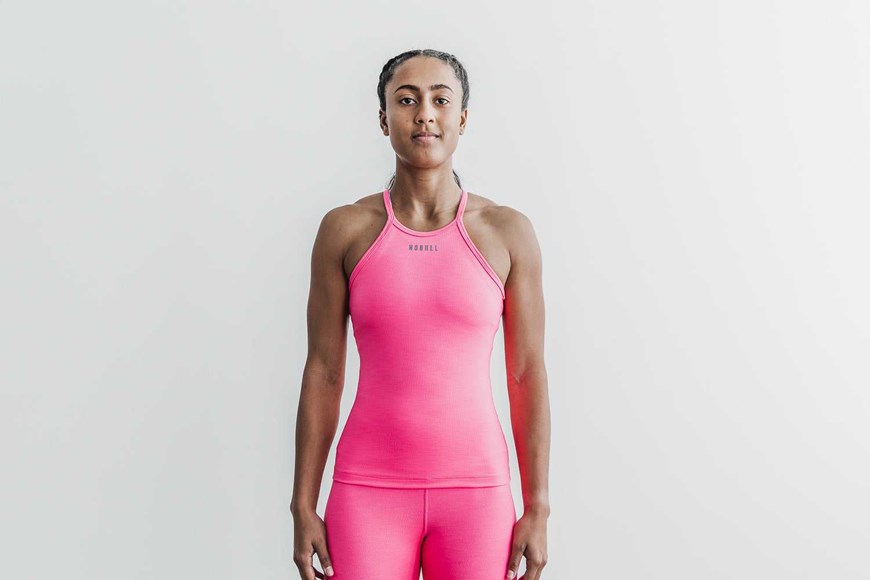 Nobull Halter Tank (Neon Ribbed) Tanks & Tees Neon Pink | 2805-EOHZI