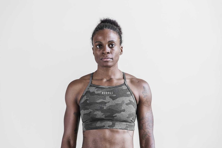 Nobull High-Neck Sports Bra (Plush Heather) Sports Bras Dark Fallen Rock Camo | 9715-HMKXL